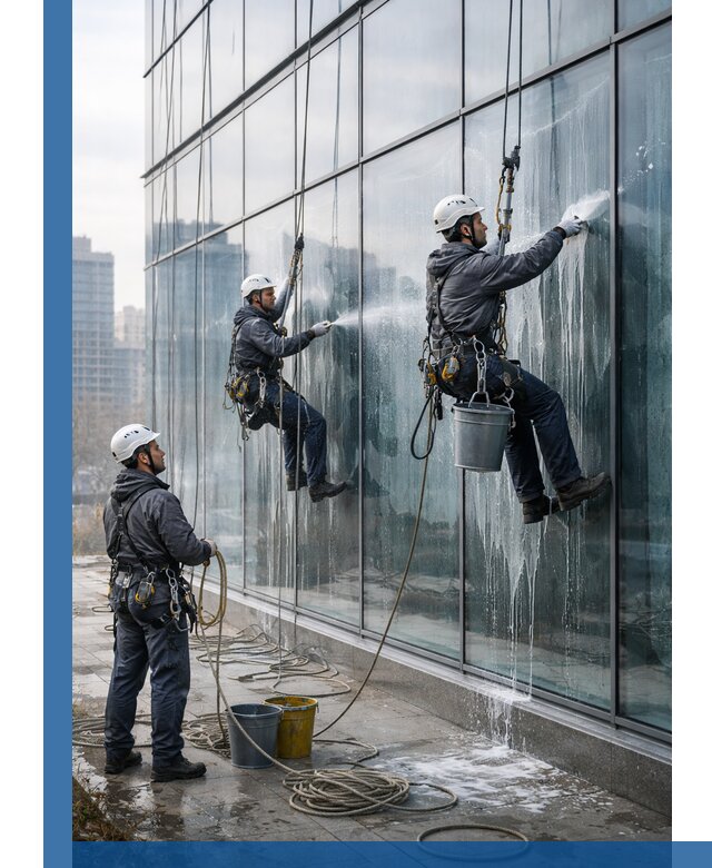 Промышленная мойка панорамных окон на высоте в Ульяновске