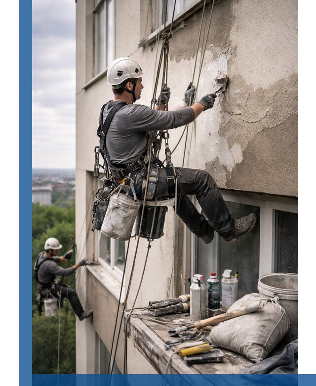 Косметический ремонт фасада зданий в Ульяновске промышленными альпинистами