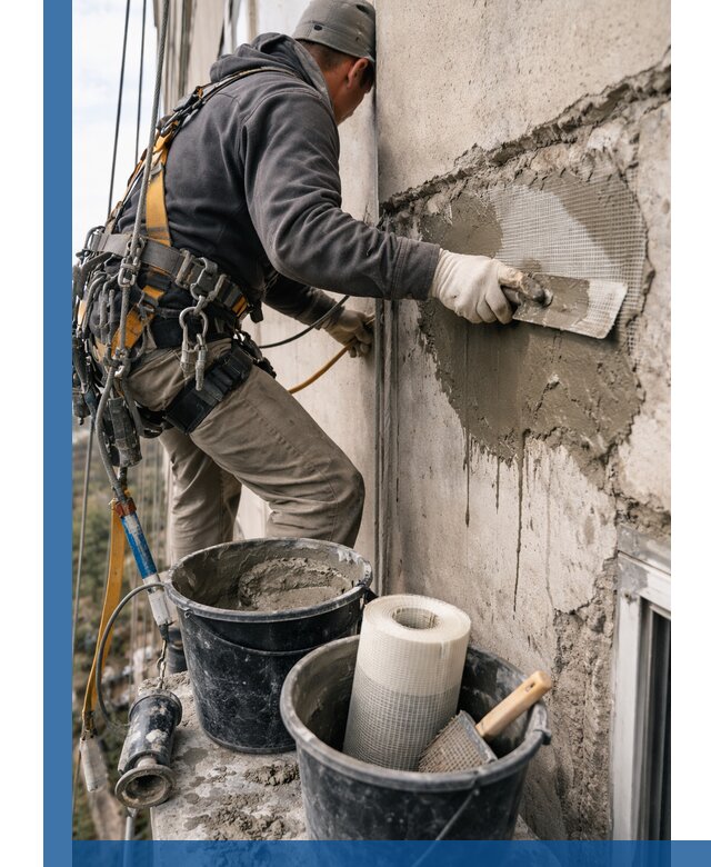 Ремонт бетонных элементов фасада промышленными альпинистами в Ульяновске