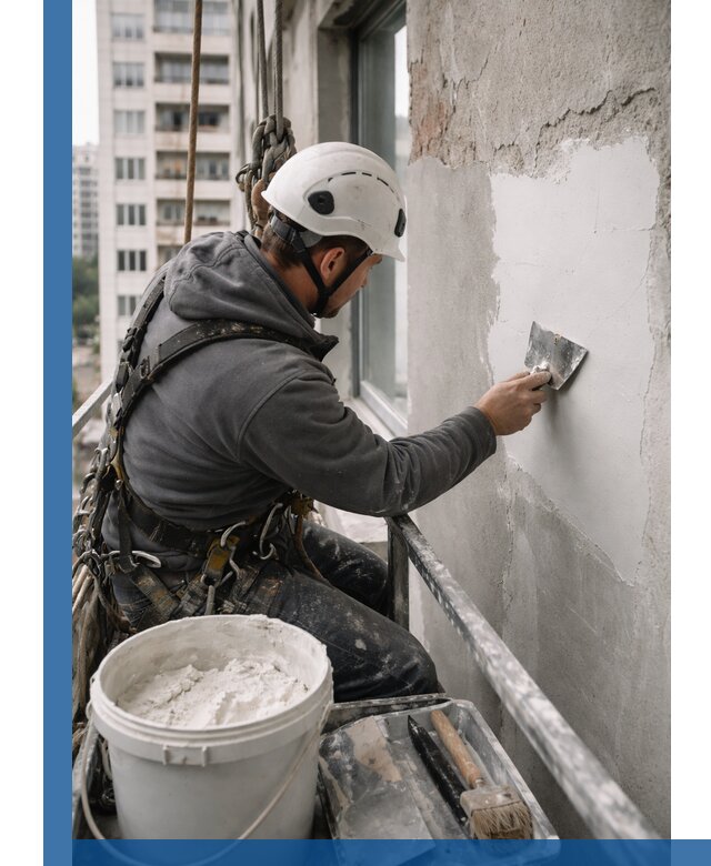 Шпаклевка фасадов на высоте с промальпинистами в Ульяновске