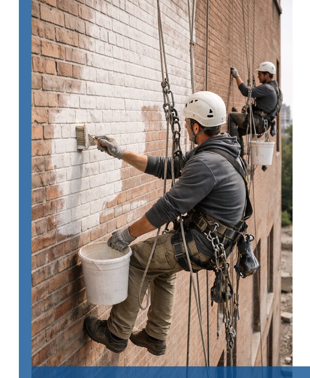 Покраска кирпичного фасада с доступным альпинистским сервисом в Ульяновске