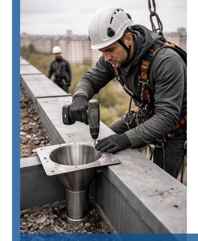 Монтаж водосточных воронок в Ульяновске для промышленных зданий