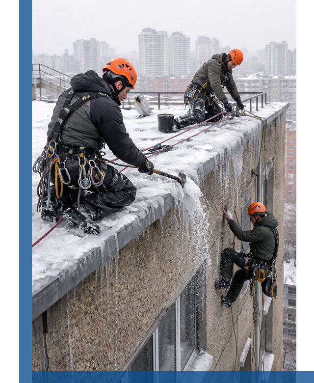 Удаление наледи с кровли в Ульяновске промышленными альпинистами