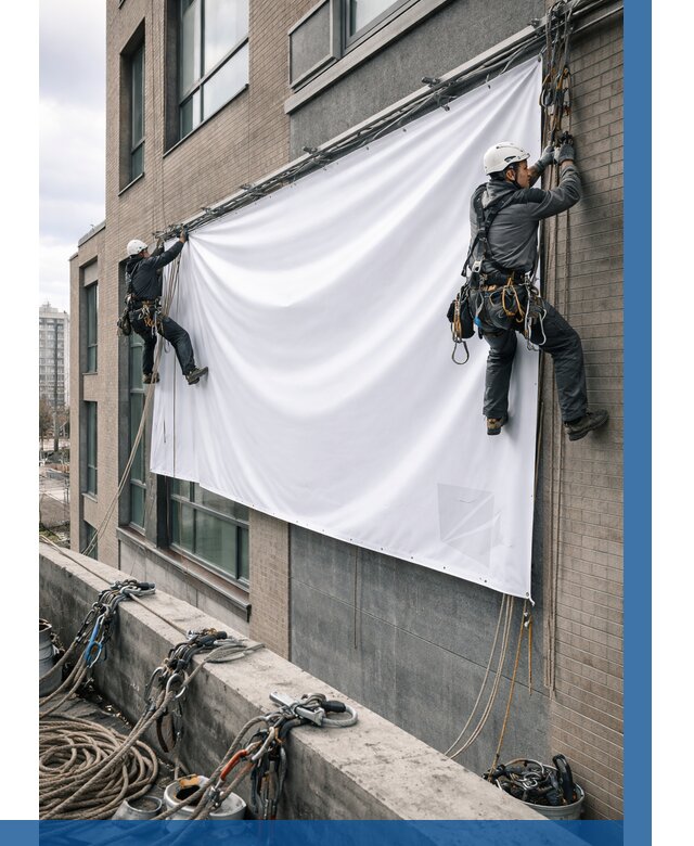 Монтаж баннеров на фасаде в Ульяновске от 669 р. заказать ВЫСОТНИК-Улн