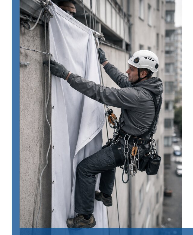 Замена баннерного полотна промышленными альпинистами в Ульяновске