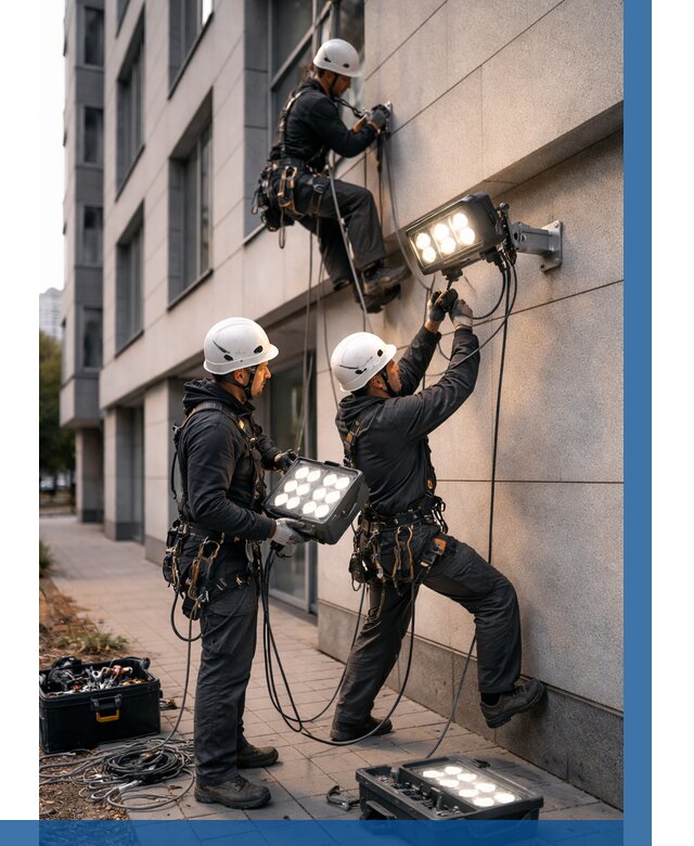Монтаж прожекторов на фасаде в Ульяновске от 7714 р. | ВЫСОТНИК-Улн