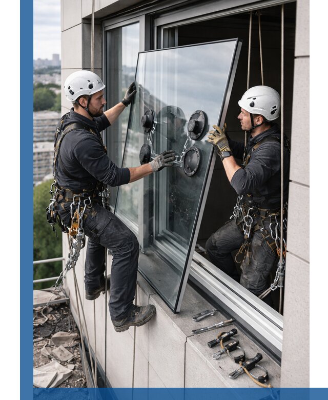 Замена стеклопакетов на высоте с промышленными альпинистами в Ульяновске