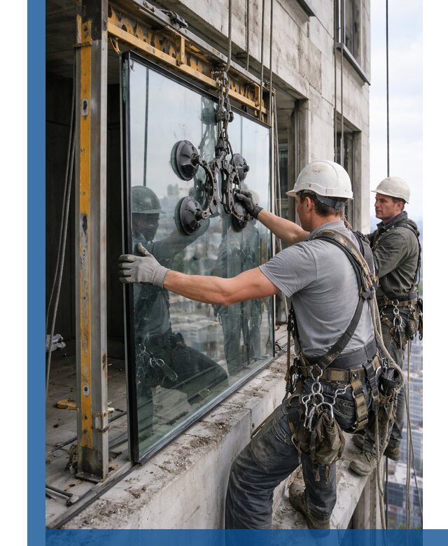 Монтаж стеклопакетов на высоте в Ульяновске с промышленным альпинизмом