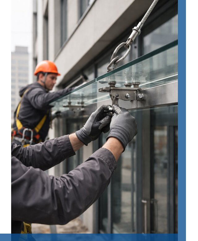 Монтаж стеклянных козырьков в Ульяновске от 8742 р. | ВЫСОТНИК-Улн