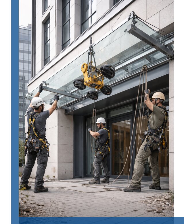 Монтаж стеклянных козырьков под ключ в Ульяновске для зданий