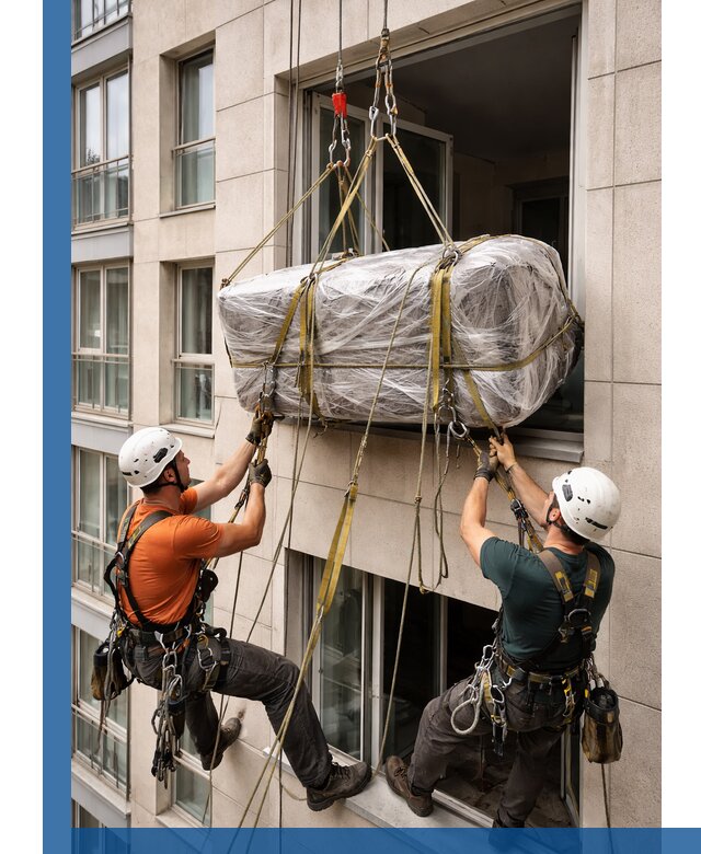 Подъем грузов через окно в Ульяновске промышленными альпинистами