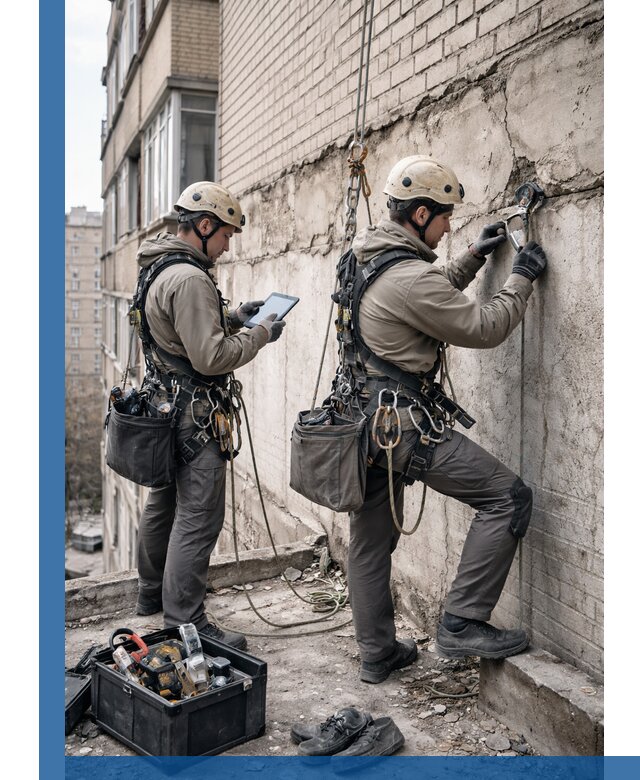 Обследование фасада промышленными альпинистами в Ульяновске